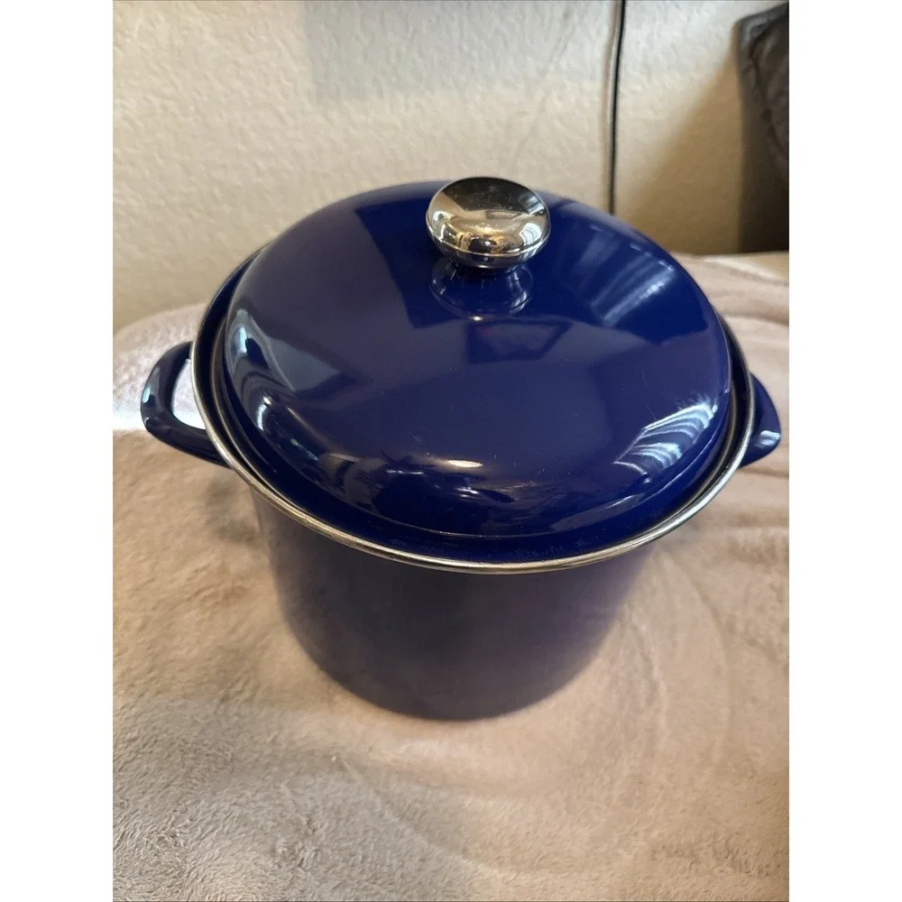 Vintage Colbalt Blue Metal Enamelware Pot Made In Yugoslavia 6